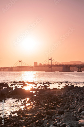 Gwangan bridge against sunset in the Haeundae District  Busan  South Korea