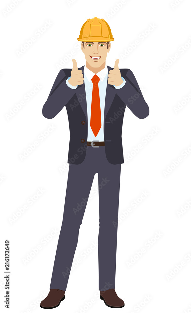 Businessman in construction helmet showing thumb up Businessman in construction helmet showing thumb up