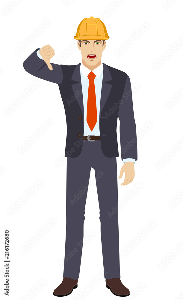 Businessman in construction helmet showing thumb down gesture as rejection symbol Businessman in construction helmet showing thumb down gesture as rejection symbol
