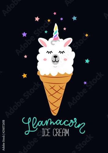 Llama ice cream cute card with cartoon doodles. Llama summer motivational and inspirational quote. Cute llama drawing with ice cream, lettering isolated on white backround, hand drawn vector illustrat
