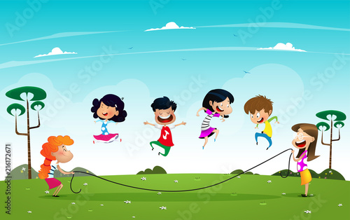 Cute little children playing rope jumping together