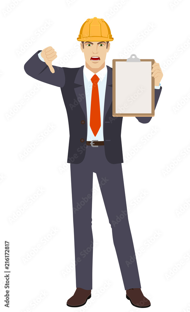 Businessman in construction helmet holding clipboard and showing thumb down Businessman in construction helmet holding clipboard and showing thumb down