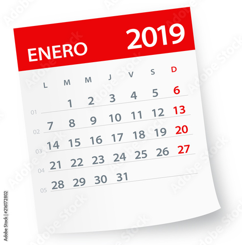 January 2019 Calendar Leaf - Vector Illustration. Spanish version