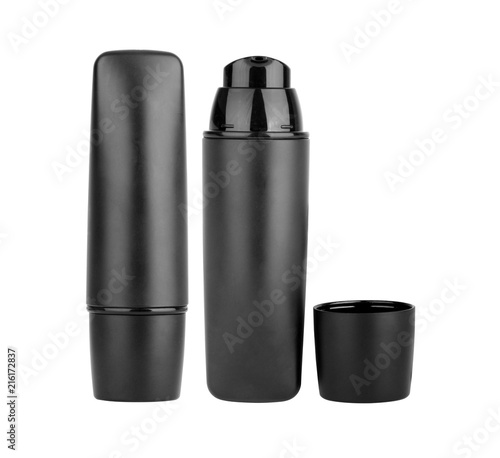 black cosmetic product bottle on isolated white