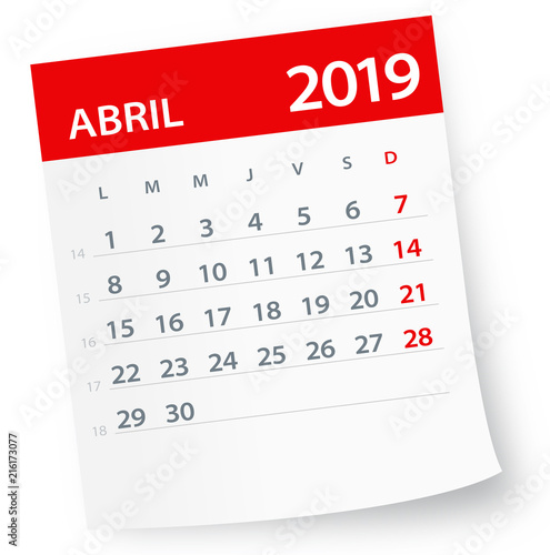 April 2019 Calendar Leaf - Vector Illustration. Spanish version