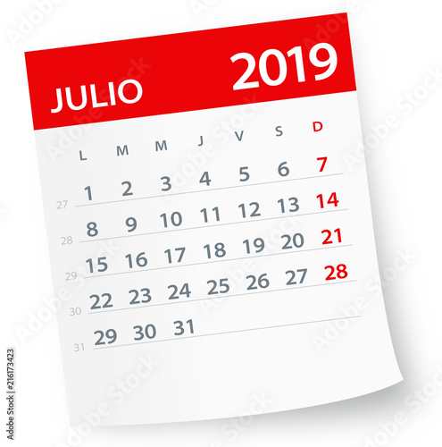 July 2019 Calendar Leaf - Vector Illustration. Spanish version