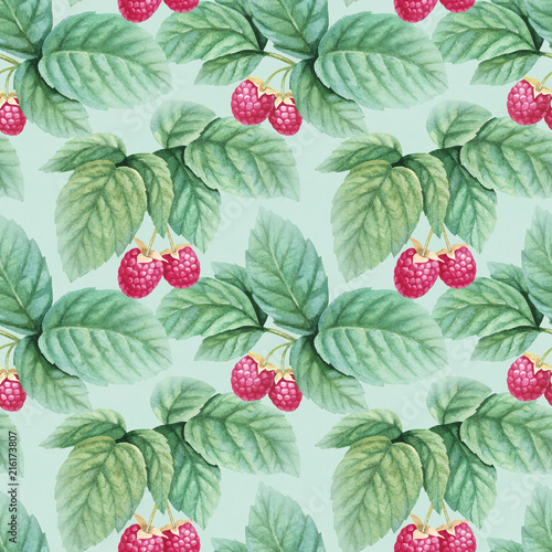 Watercolor illustration of raspberries. Seamless pattern