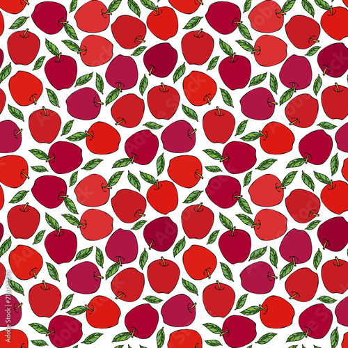 Red Apple Seamless Endless Pattern. Red Apple Fruit. Home Brew. Autumn or Fall Vegetable Harvest Collection. Realistic Hand Drawn High Quality Vector Illustration. Doodle Style.