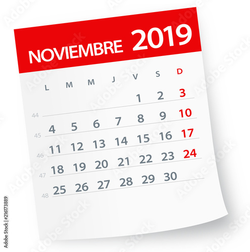 November 2019 Calendar Leaf - Vector Illustration. Spanish version