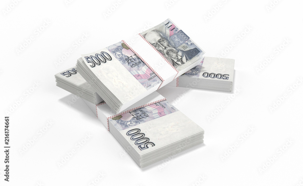 3D realistic render of 5000 stack czech crown ceska koruna national money in czech republic. Isolated on white background. 3D realistic render of 5000 stack czech crown ceska koruna national money in czech republic. Isolated on white background.