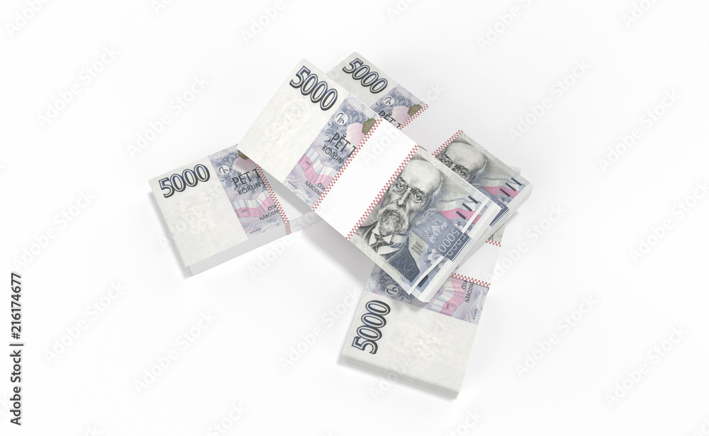 3D realistic render of 5000 stack czech crown ceska koruna national money in czech republic. Isolated on white background. 3D realistic render of 5000 stack czech crown ceska koruna national money in czech republic. Isolated on white background.