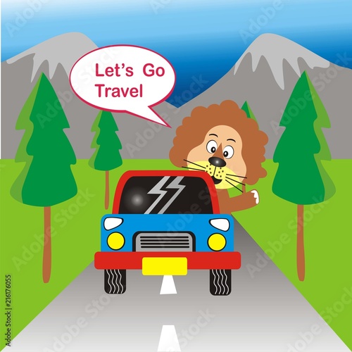 Fototapeta Naklejka Na Ścianę i Meble -  Travelling with cute lion. vector illustration.