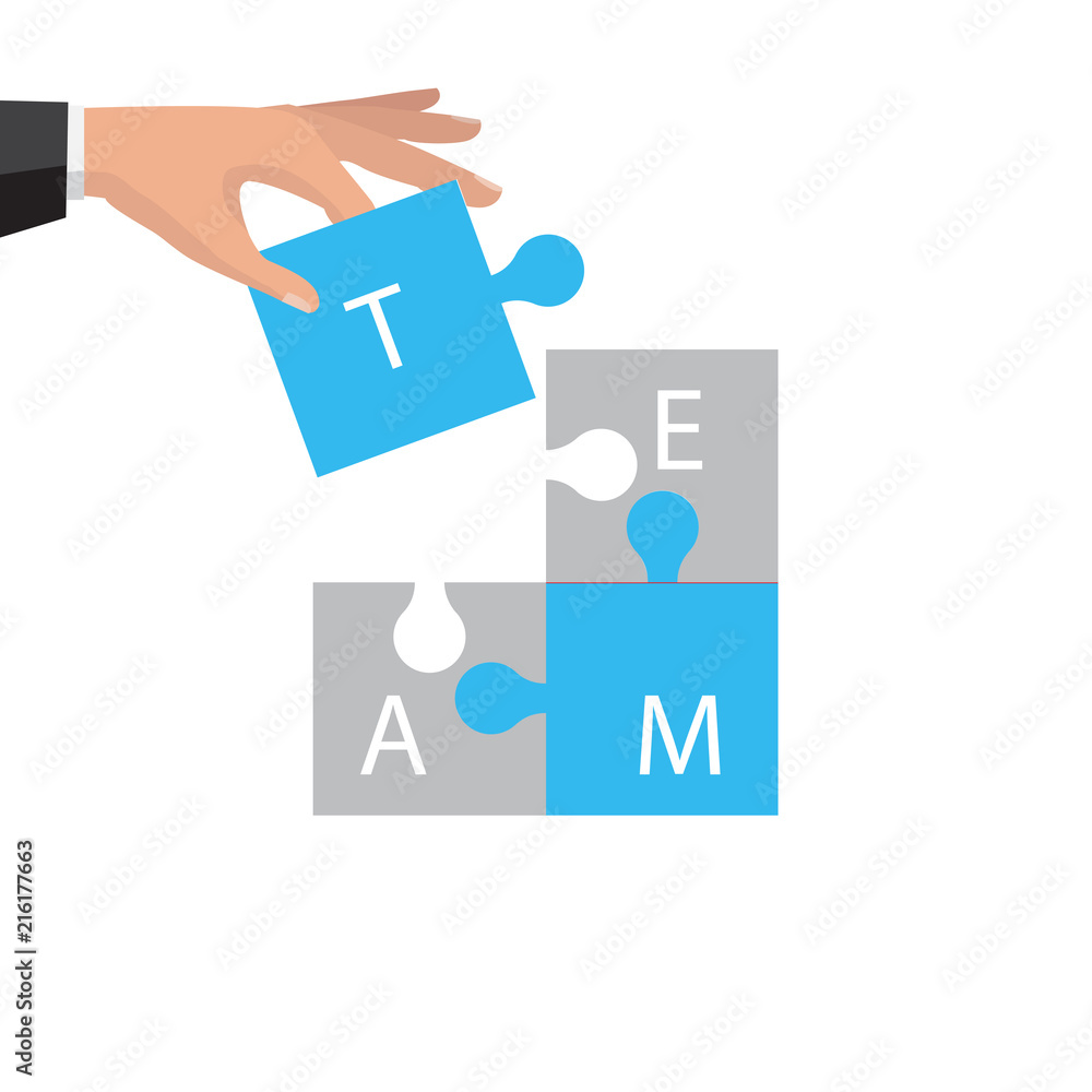 Four businessman connecting puzzle. Vector. Business teamwork concept.