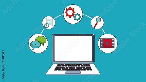 Wallpaper Mural Laptop with technology and social round symbols high definition colorful animation scenes Torontodigital.ca