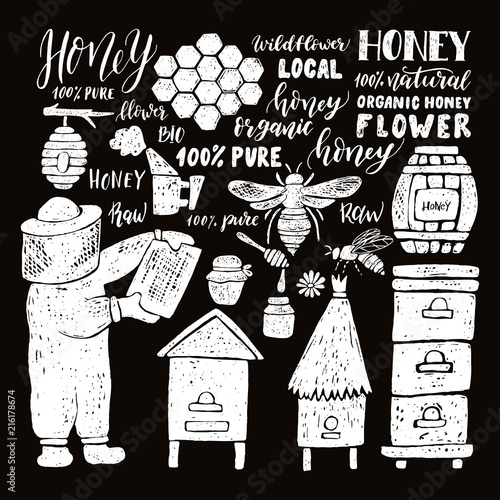 Hand drawn honey set.Beehive and honey. Honeycomb. Bottle with honey. Beekeeper with honey.