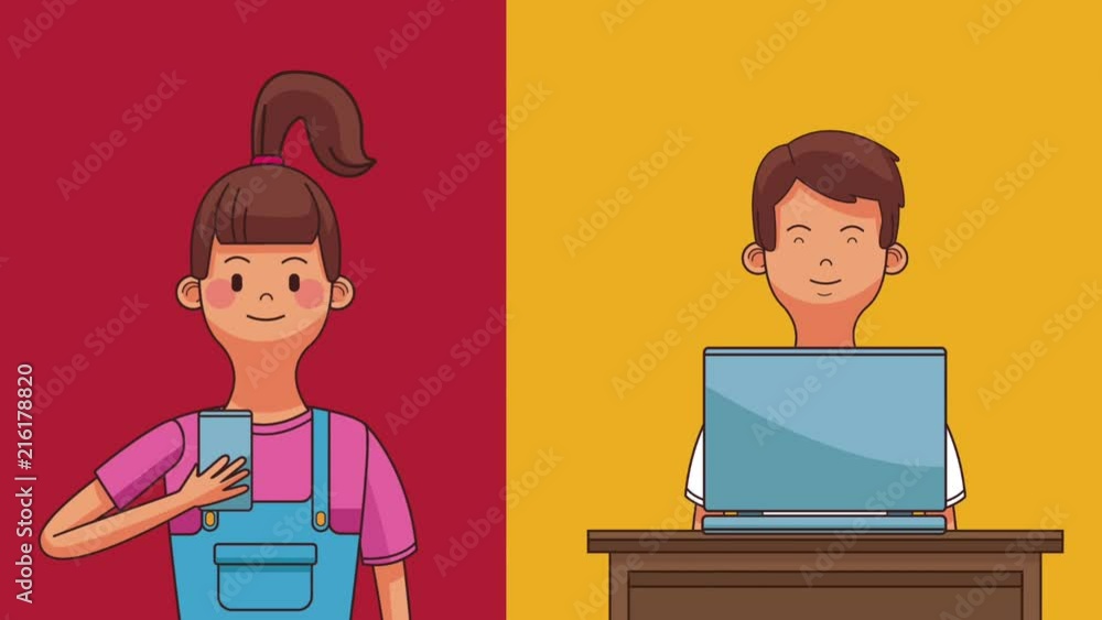 Gir with smartphone and boy with laptop cartoons high definition colorful animation scenes Gir with smartphone and boy with laptop cartoons high definition colorful animation scenes