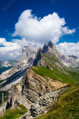 Gruppo delle Odle, view from Seceda. Puez Odle massif in Dolomites mountains, Italy, South Tyrol Alps, Alto Adige, Val Gardena, Geislergruppe
