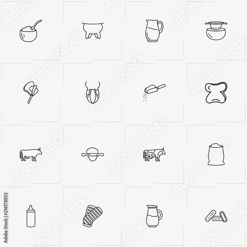 Bread & Milk line icon set with flour bag, sift flour and udder