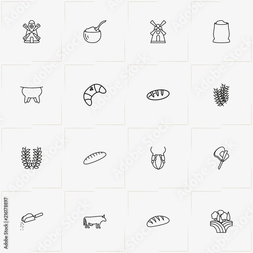 Bread & Milk line icon set with flour bag, udder and bread