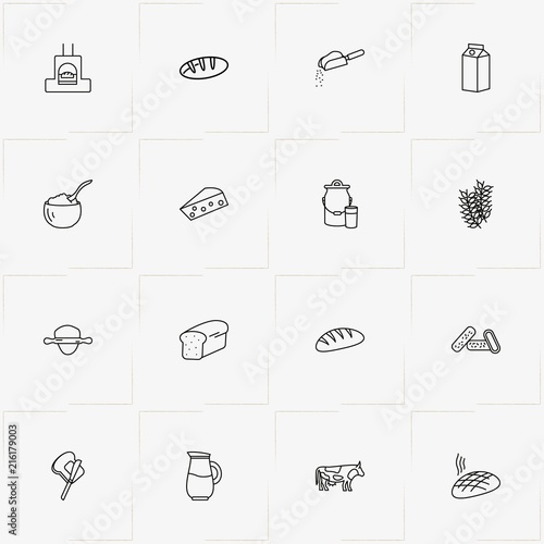 Bread & Milk line icon set with milk can , bread roll  and spica