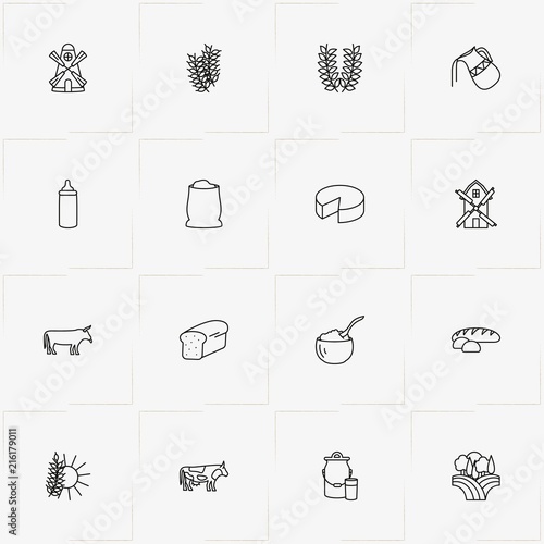 Bread & Milk line icon set with bread, jug and mill