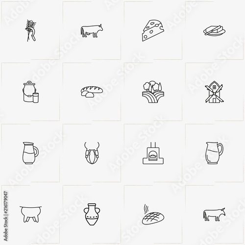 Bread & Milk line icon set with cow, udder and bread oven