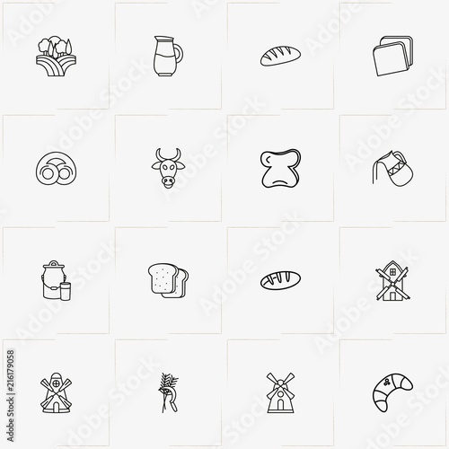 Bread & Milk line icon set with mill, jug and bread slice