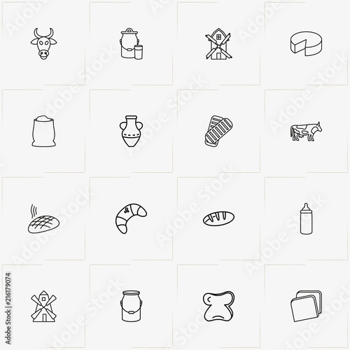 Bread & Milk line icon set with jug, milk can  and bread slice