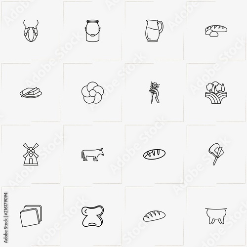 Bread & Milk line icon set with cow, mill and butter