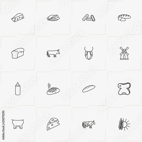 Bread & Milk line icon set with butter, cow and udder