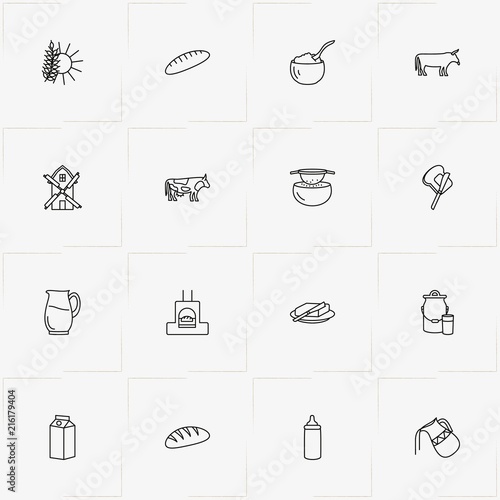 Bread & Milk line icon set with child milk bottle , sift flour and bread oven