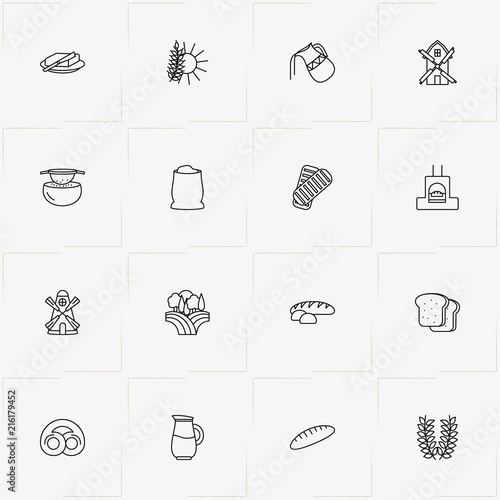 Bread & Milk line icon set with sift flour, bread roll  and jug
