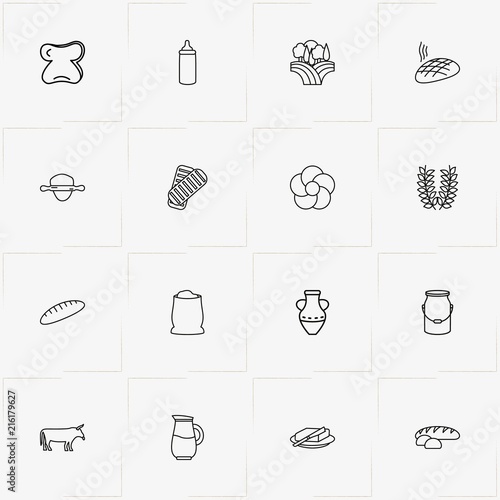 Bread & Milk line icon set with cow, butter and fields of hay