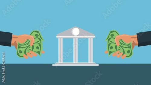 Bank building and hands with money aorund high definition colorful animation scenes photo
