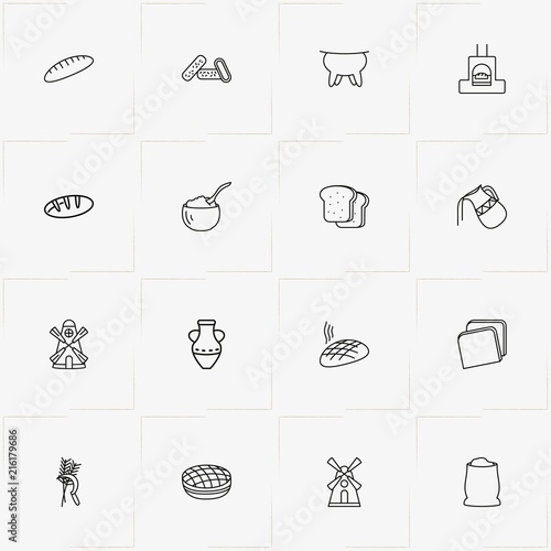 Bread & Milk line icon set with bread slices, udder and flour bag