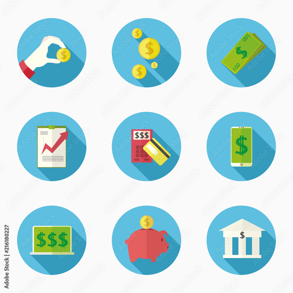 Fototapeta premium Nine icons on the subject of finance: coins, money, contracts, purchases and of course the accumulations