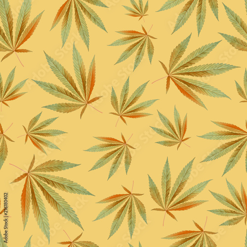 texture for design wallpaper. leaves on orange background. Ganja Marijuana Weed Seamless Pattern
