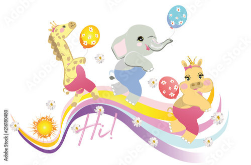  Vector  funny animals in cartoon style on the rainbow. Giraffe, elephant, hippo, with birthday balls.