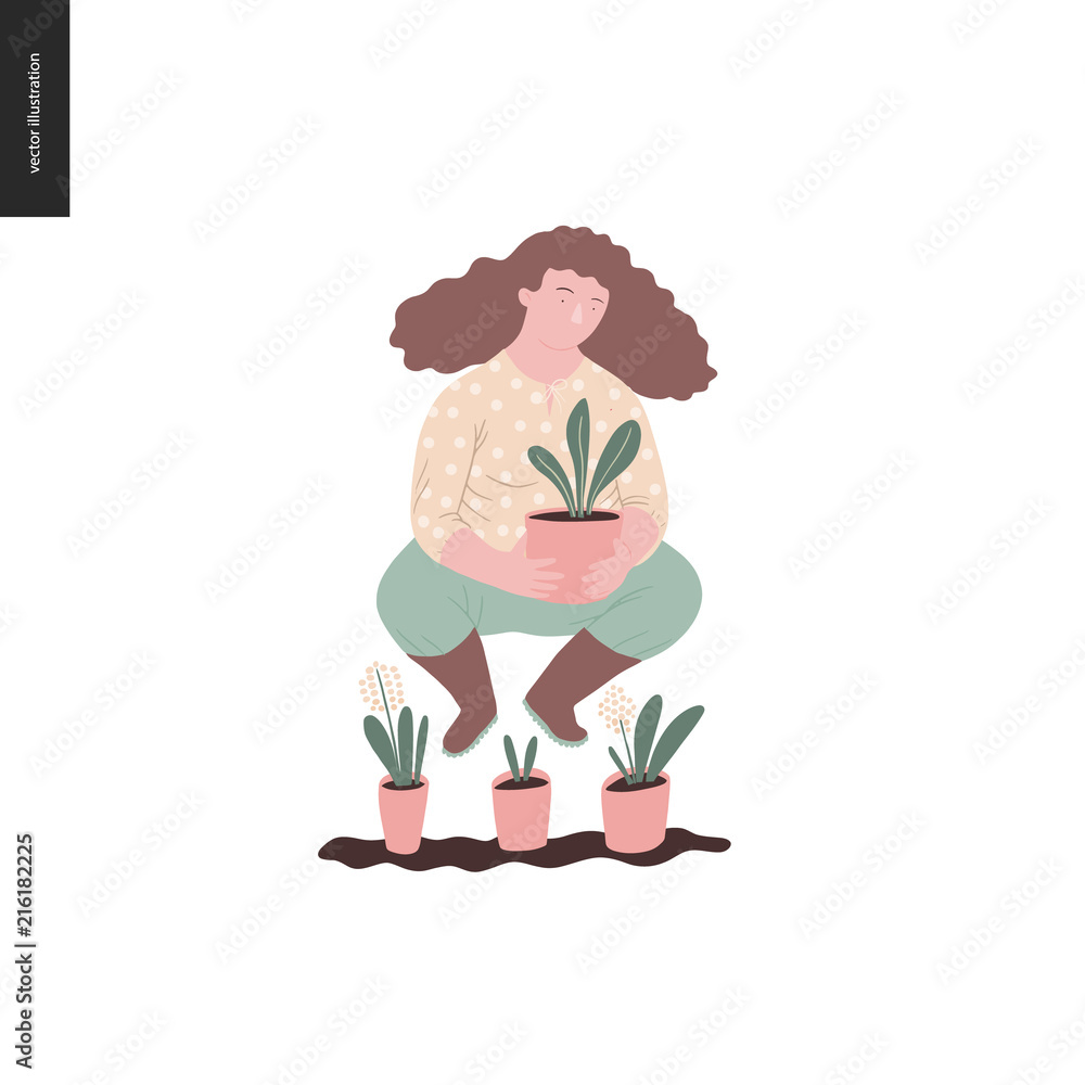 Obraz premium People summer gardening - flat vector concept illustration of a young brown-haired woman wearing yellow blouse, trousers and boots, holding a plant in the pot, self-sufficiency concept