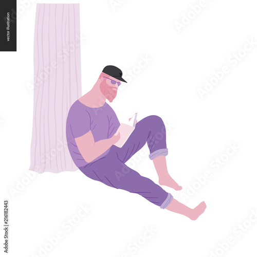 People park festival picnic - flat vector concept illustration of a big young bearded man wearing jeans, t-shirt and peaked cap sitting on the ground leaning against a tree trunk and reading a book