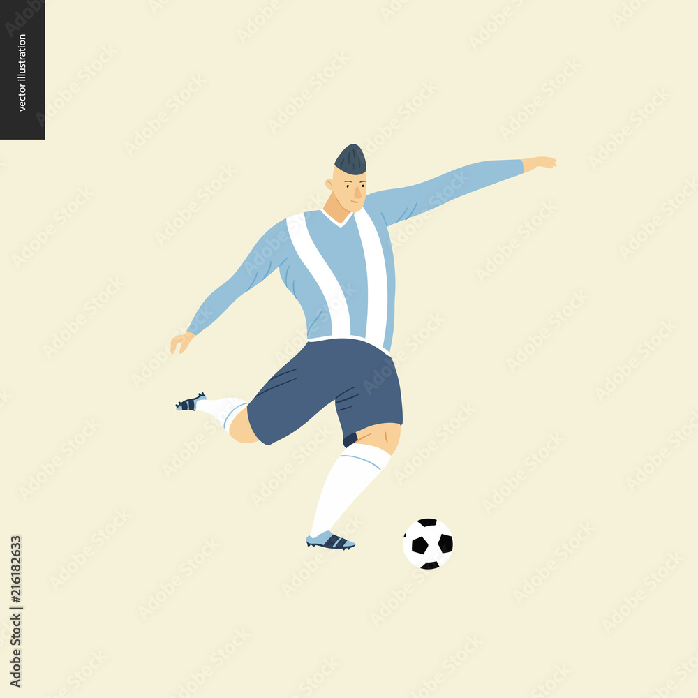European football, soccer player - flat vector illustration of a young man wearing european football player equipment kicking a soccer ball