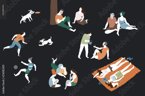 People park festival picnic - flat vector concept illustration of a group of people relaxing in the park - having picnic  getting tan  playing soccer  reading  playing with a dog  talking in a company