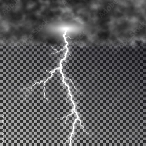 Dark cloud with lightning bolt isolated on checkered background. Transparent tempest sky effect. Rea