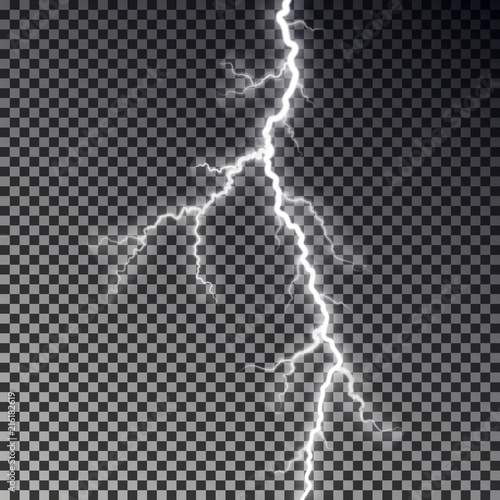 Lightning bolt isolated on dark checkered background. Transparent thunderbolt flah effect. Realistic