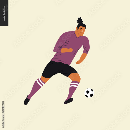 European football, soccer player - flat vector illustration of a young man wearing european football player equipment kicking a soccer ball