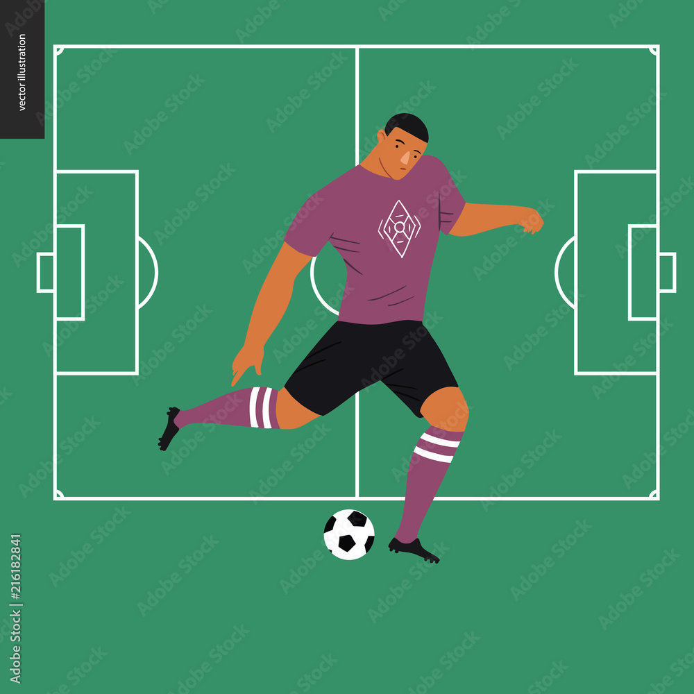 Fototapeta premium European football, soccer player - flat vector illustration of a young man wearing european football player equipment kicking a soccer ball on the background of green football field with white marking