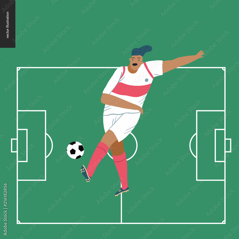 Fototapeta premium European football, soccer player - flat vector illustration of a young man wearing european football player equipment kicking a soccer ball on the background of green football field with white marking