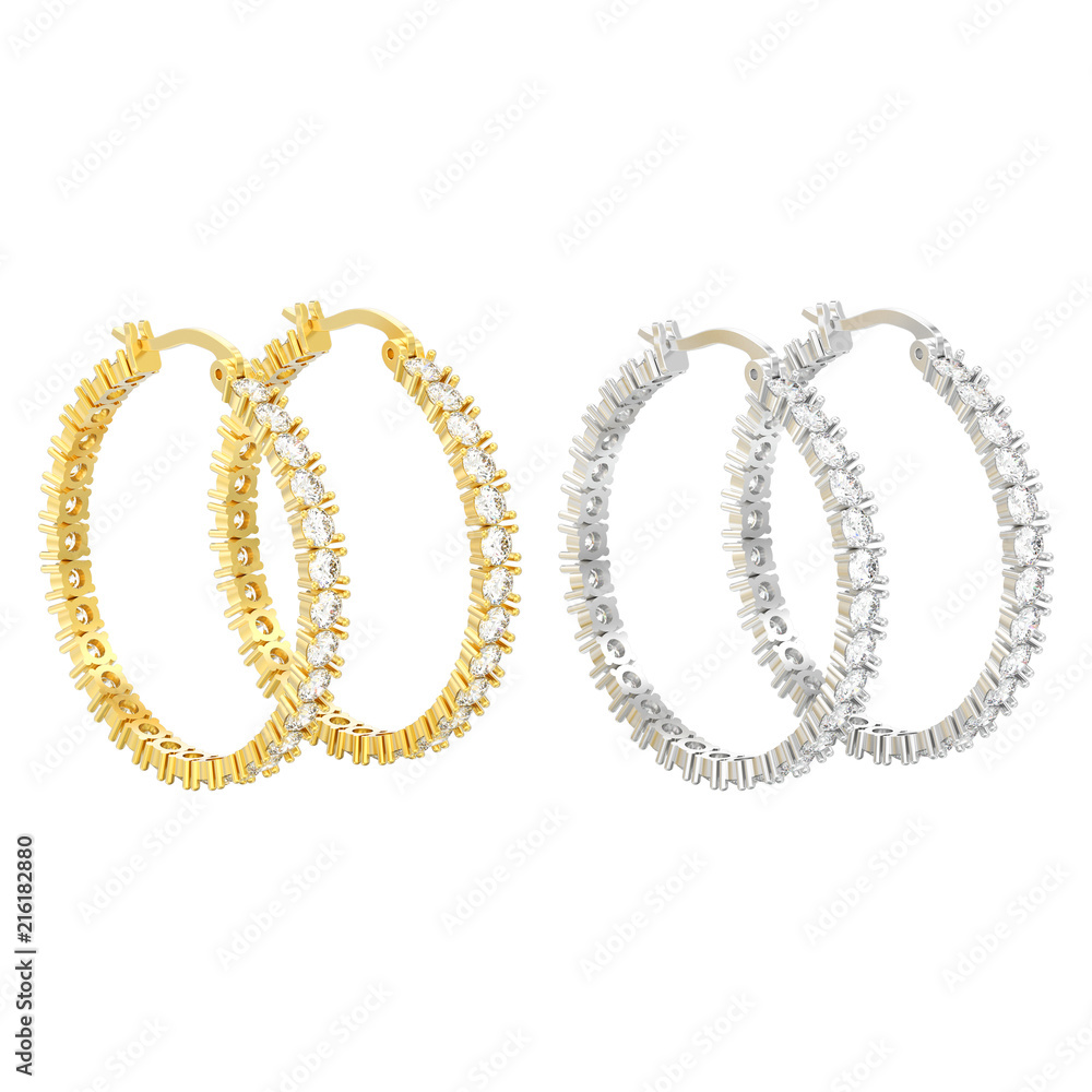 3D illustration isolated two yellow and white gold or silver decorative diamond earrings with hinged 3D illustration isolated two yellow and white gold or silver decorative diamond earrings with hinged