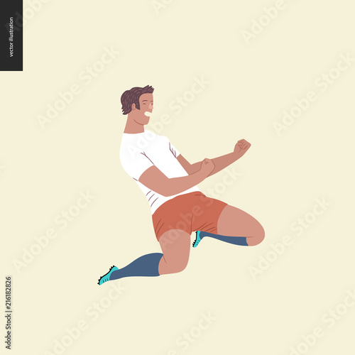 Womens European football, soccer player - flat vector illustration - soccer player winning a victory -young woman wearing European football equipment clenching fists in victory, sitting on her knees