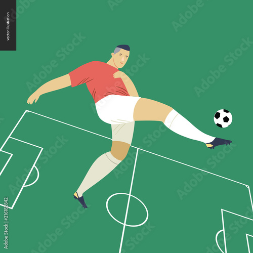 European football, soccer player - flat vector illustration of a young man wearing european football player equipment kicking a soccer ball on the background of green football field with white marking